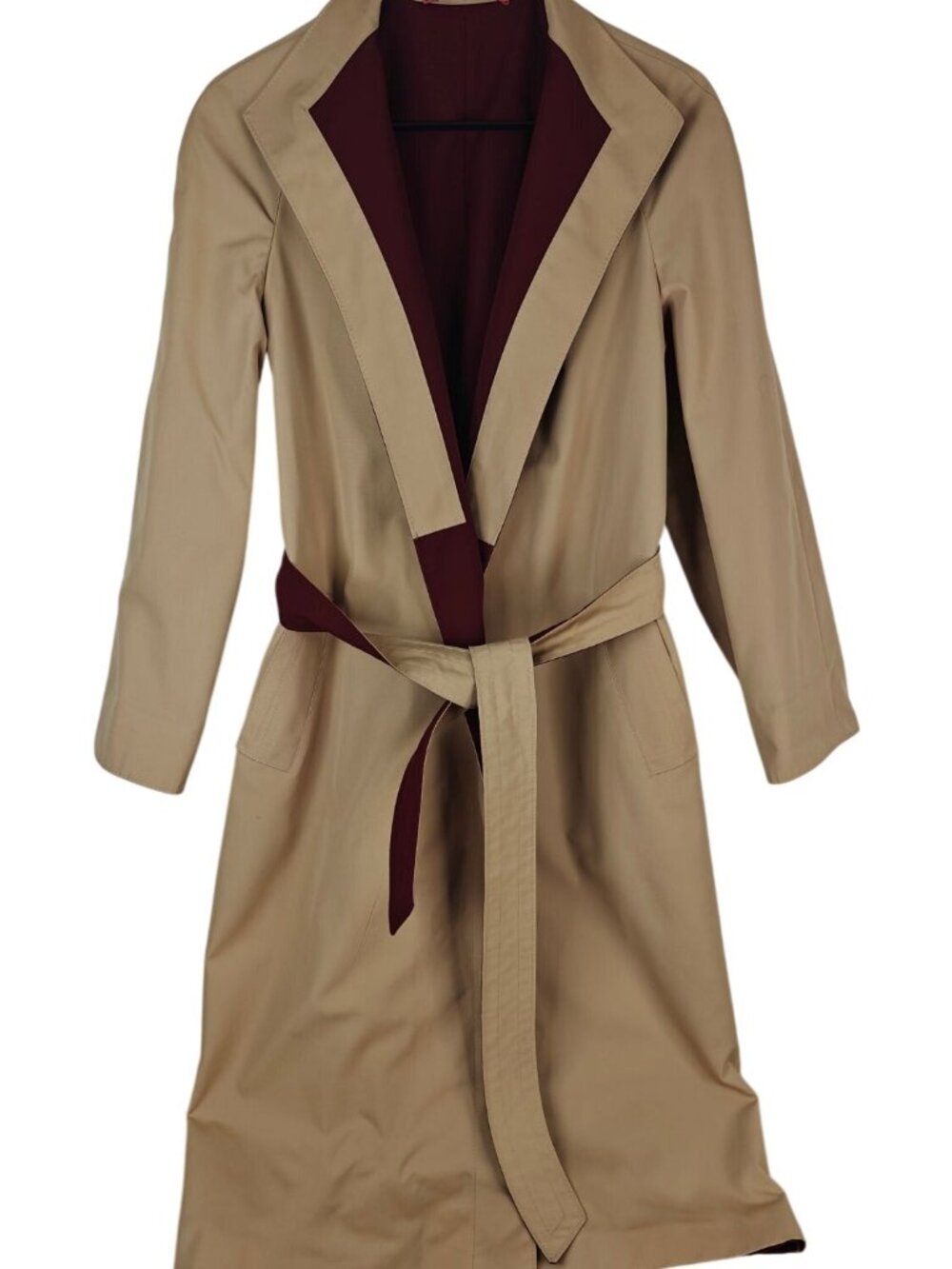 Vintage Etienne Aigner Beige & Burgundy Trench Coat Belted Reversible Size 6